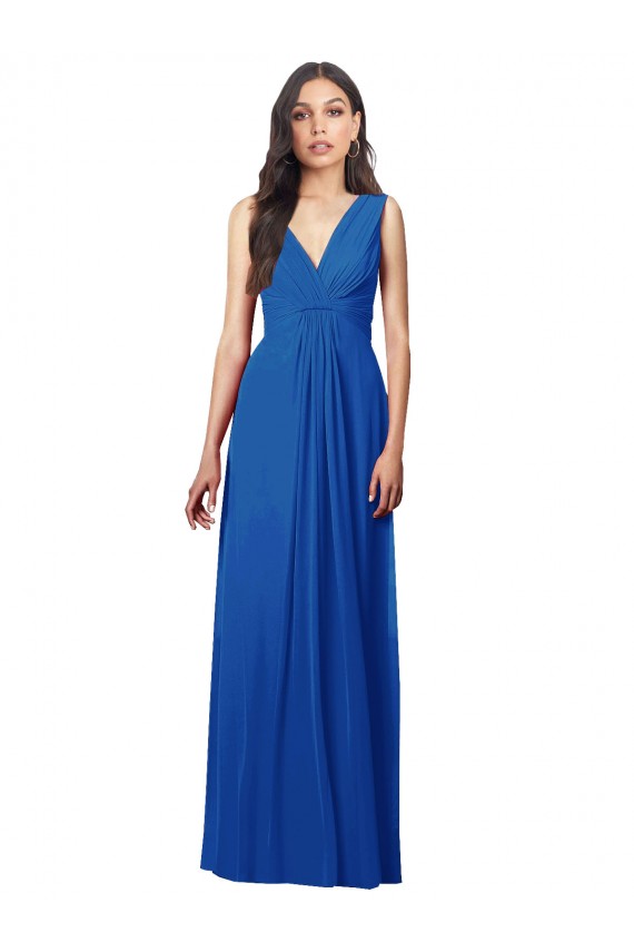 Online Azul real línea A Cuello en V Gasa Largo Vestidos de dama de honor