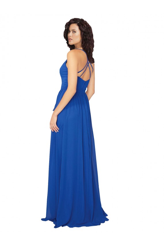 Online Azul real línea A Cuello en V Gasa Largo Vestidos de dama de honor