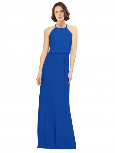 Online Azul real línea A Cuello joya Gasa Largo Vestidos de dama de honor