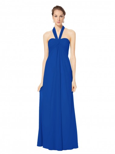 Online Azul real línea A Halter Gasa Largo Vestidos de dama de honor