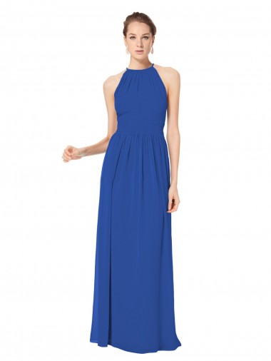 Online Azul real línea A Halter Gasa Largo Vestidos de dama de honor