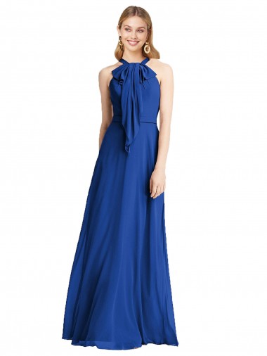 Online Azul real línea A Halter Gasa Largo Vestidos de dama de honor