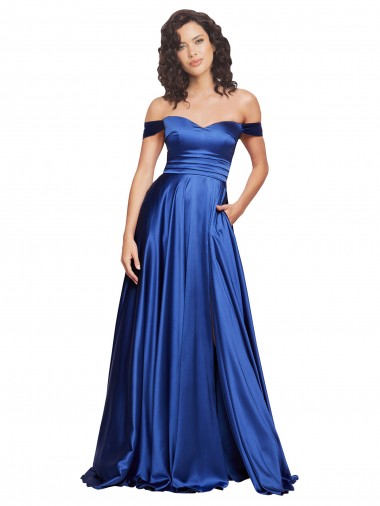 Online Azul real línea A Hombros Descubiertos Barrer tren Satén elástico Largo Formales Vestidos de dama de honor / Vestidos de fiesta