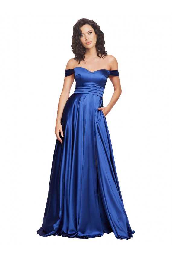 Online Azul real línea A Hombros Descubiertos Barrer tren Satén elástico Largo Formales Vestidos de dama de honor / Vestidos de fiesta