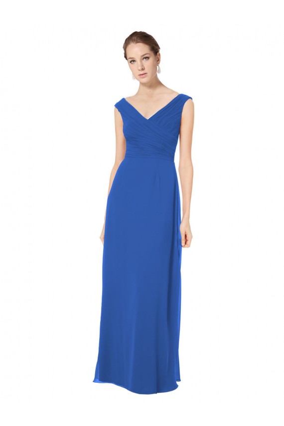Online Azul real línea A Hombros Descubiertos Cuello en V Gasa Largo Vestidos de dama de honor