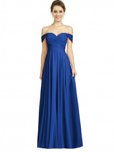 Online Azul real línea A Hombros Descubiertos Gasa Largo Vestidos de dama de honor