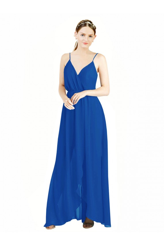 Online Azul real línea A Tirantes espagueti Cuello en V Gasa Largo Vestidos de dama de honor
