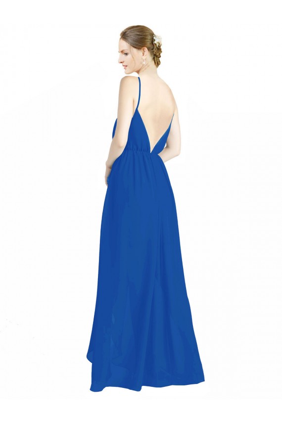 Online Azul real línea A Tirantes espagueti Cuello en V Gasa Largo Vestidos de dama de honor