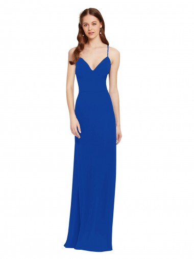 Online Azul real línea A Tirantes espagueti Cuello en V Gasa Largo Vestidos de dama de honor
