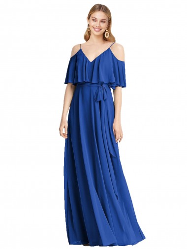 Online Azul real línea A Tirantes espagueti Cuello en V Gasa Largo Vestidos de dama de honor