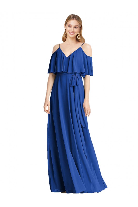 Online Azul real línea A Tirantes espagueti Cuello en V Gasa Largo Vestidos de dama de honor