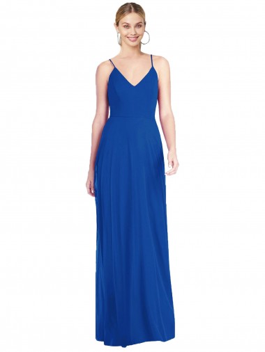 Online Azul real línea A Tirantes espagueti Cuello en V Gasa Largo Vestidos de dama de honor