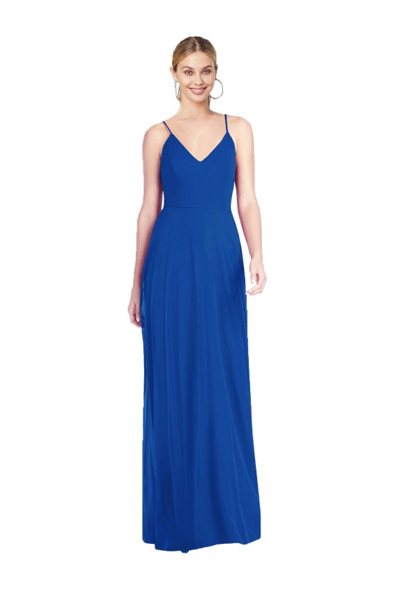 Online Azul real línea A Tirantes espagueti Cuello en V Gasa Largo Vestidos de dama de honor