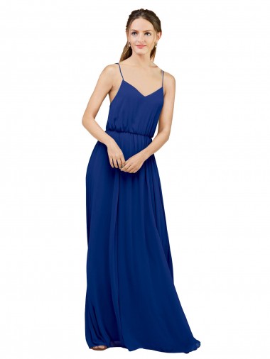 Online Azul real línea A Tirantes espagueti Gasa Largo Vestidos de dama de honor
