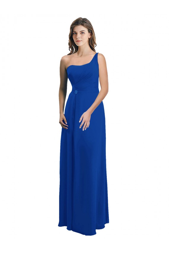 Online Azul real línea A Un Hombre Gasa Largo Vestidos de dama de honor