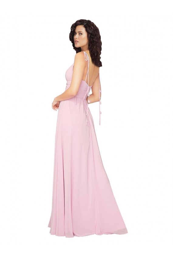 Online Barely rosa línea A Cuello en V Gasa Largo Vestidos de dama de honor