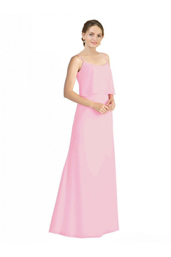 Online Barely rosa línea A Tirantes espagueti Gasa Largo Vestidos de dama de honor