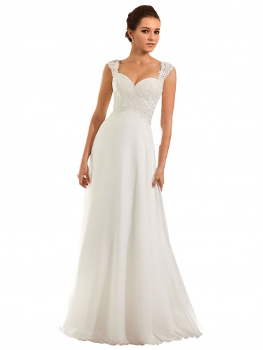 Online Blanco Cubierta Cuello de Corazón Cola capilla Gasa Encaje Vestidos de novia