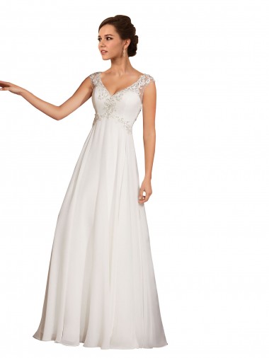 Online Blanco Cubierta Cuello en V Cola capilla Gasa Encaje Vestidos de novia