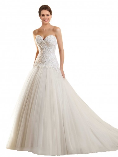 Online Blanco Cuello de Corazón Cola capilla Tul Encaje Vestidos de novia