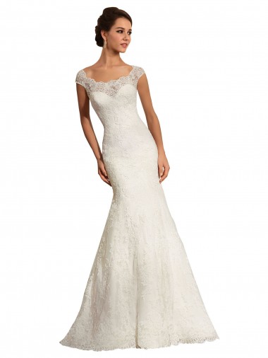 Online Blanco Sirena Barco Cola capilla Encaje Vestidos de novia
