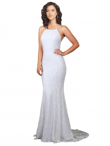 Online Blanco Sirena Cuello Alto Barrer tren Encaje Vestidos de novia