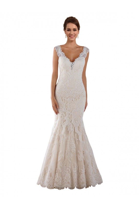 Online Blanco Sirena Cuello en V Cola capilla Encaje Vestidos de novia