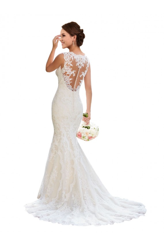 Online Blanco Sirena Cuello en V Cola capilla Encaje Vestidos de novia