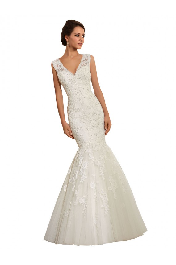 Online Blanco Sirena Cuello en V Cola capilla Tul Encaje Vestidos de novia