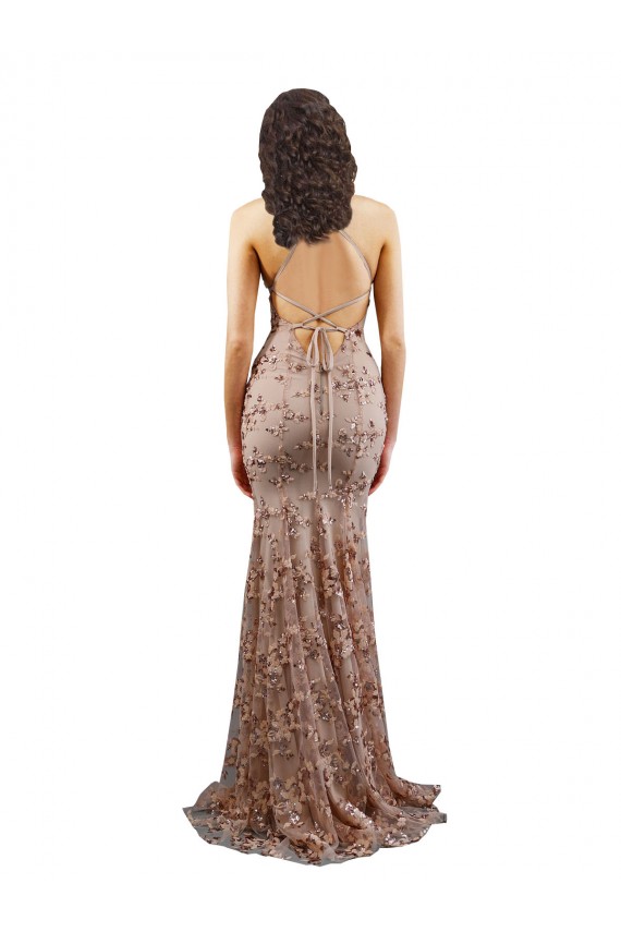 Online Oro rosa Sirena Cuello en V Cuello Alto Crepé Elástico Lentejuela Tul Largo Formales Vestidos de dama de honor / Vestidos de fiesta