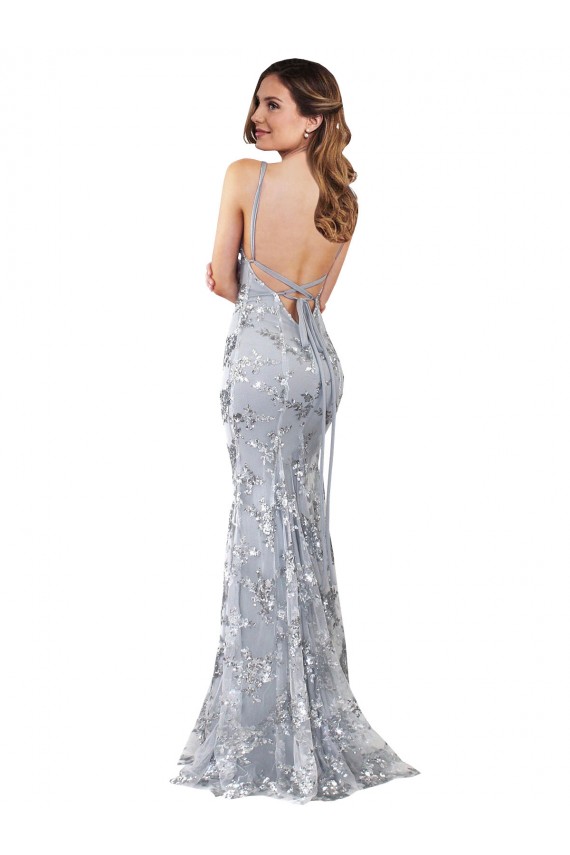 Online Plata Sirena Cuello en V Cuello Alto Crepé Elástico Lentejuela Tul Largo Formales Vestidos de dama de honor / Vestidos de fiesta