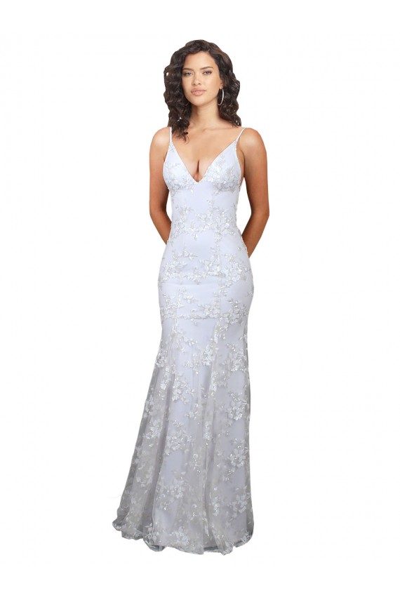 Online Blanco Sirena Cuello en V Cuello Alto Crepé Elástico Lentejuela Tul Largo Formales Vestidos de dama de honor / Vestidos de fiesta