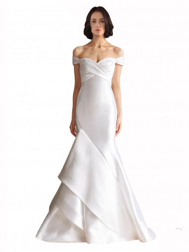 Online Blanco Sirena Hombros Descubiertos Cola capilla Satén Playa Vestidos de novia