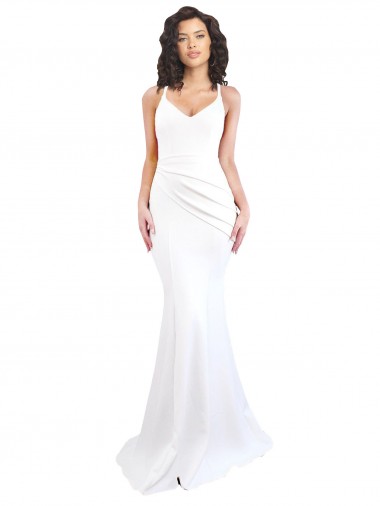 Online Blanco Sirena Tirantes espagueti Cuello Alto Crepé Elástico Largo Formales Vestidos de dama de honor / Vestidos de fiesta