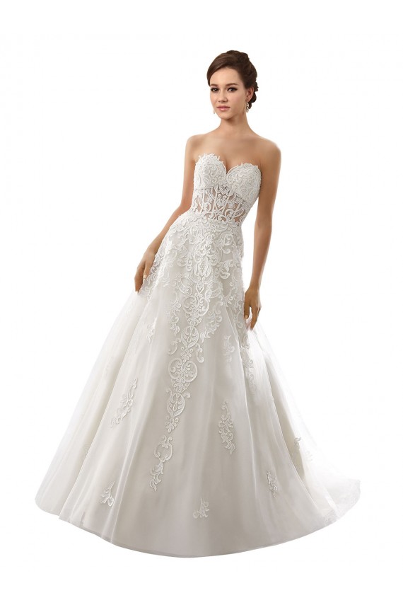 Online Blanco línea A Cuello de Corazón Cola capilla Tul Encaje Vestidos de novia