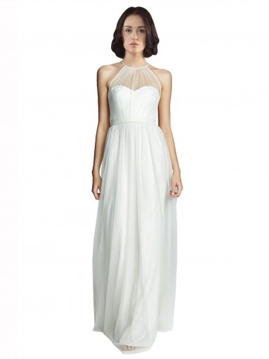 Online Blanco línea A Halter Cuello Alto Tul Largo Vestidos de dama de honor