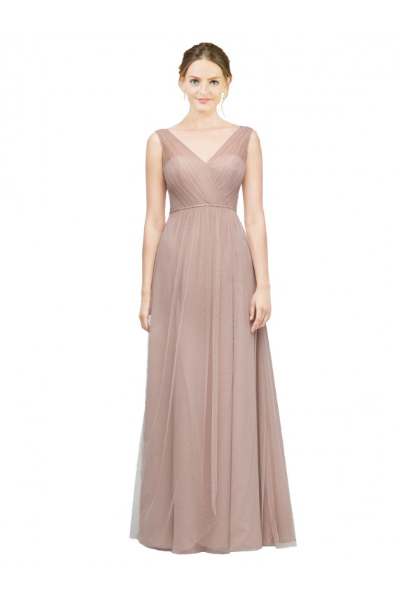 Online Blush línea A Cuello en V Tul Largo Vestidos de dama de honor