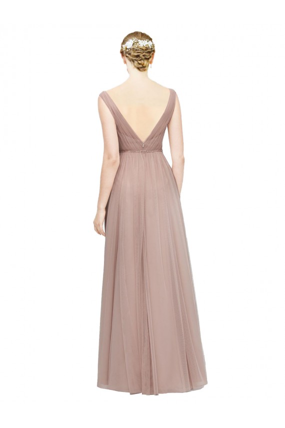 Online Blush línea A Cuello en V Tul Largo Vestidos de dama de honor