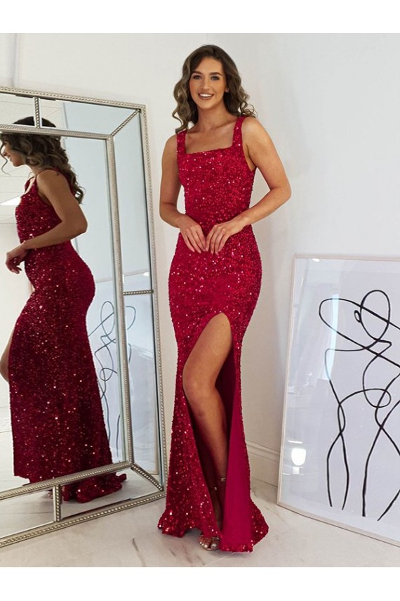 Online Borgoña Cubierta Cuadrado Lentejuelas Terciopelo Largo Vestidos de fiesta