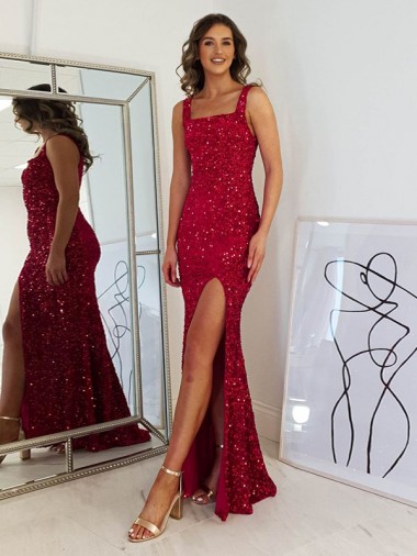 Online Borgoña Cubierta Cuadrado Lentejuelas Terciopelo Largo Vestidos de fiesta