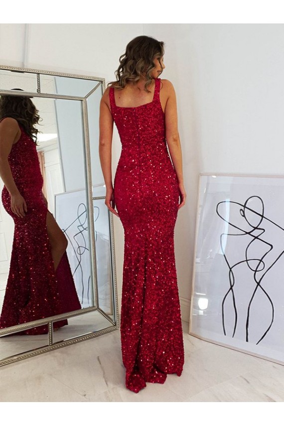 Online Borgoña Cubierta Cuadrado Lentejuelas Terciopelo Largo Vestidos de fiesta
