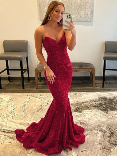 Online Borgoña Cubierta Cuello de Corazón Barrer tren Lentejuelas Terciopelo Largo Vestidos de fiesta