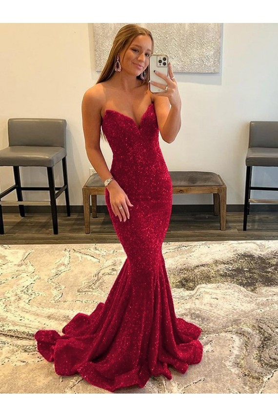 Online Borgoña Cubierta Cuello de Corazón Barrer tren Lentejuelas Terciopelo Largo Vestidos de fiesta
