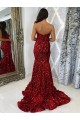 Online Borgoña Cubierta Cuello de Corazón Cola corte Lentejuelas Terciopelo Largo Vestidos de fiesta