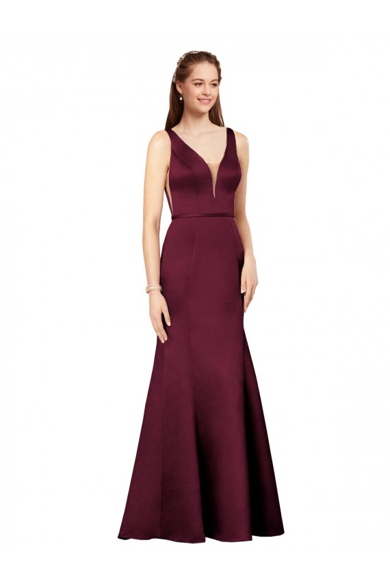 Online Borgoña Cubierta Cuello en V Satén Largo Formales Vestidos de dama de honor / Vestidos de fiesta
