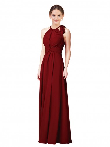 Online Borgoña Cubierta Halter Gasa Largo Vestidos de dama de honor