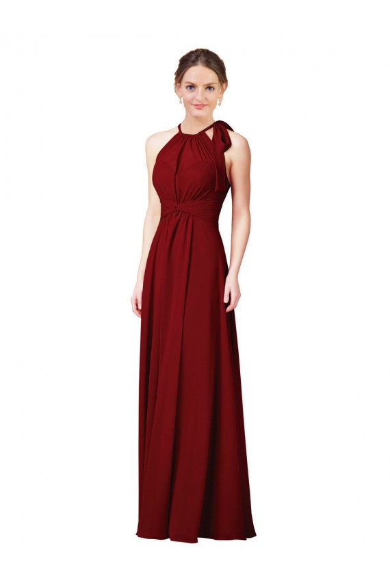 Online Borgoña Cubierta Halter Gasa Largo Vestidos de dama de honor