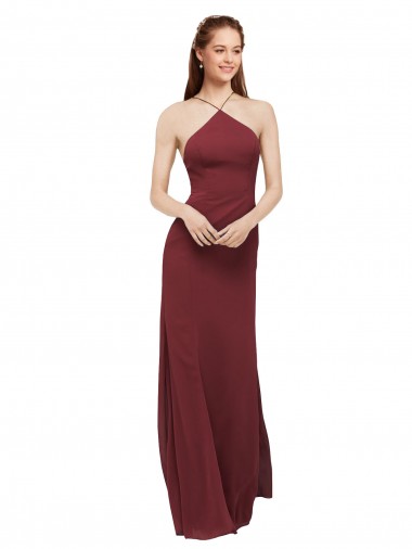 Online Borgoña Cubierta Halter Gasa Largo Vestidos de dama de honor