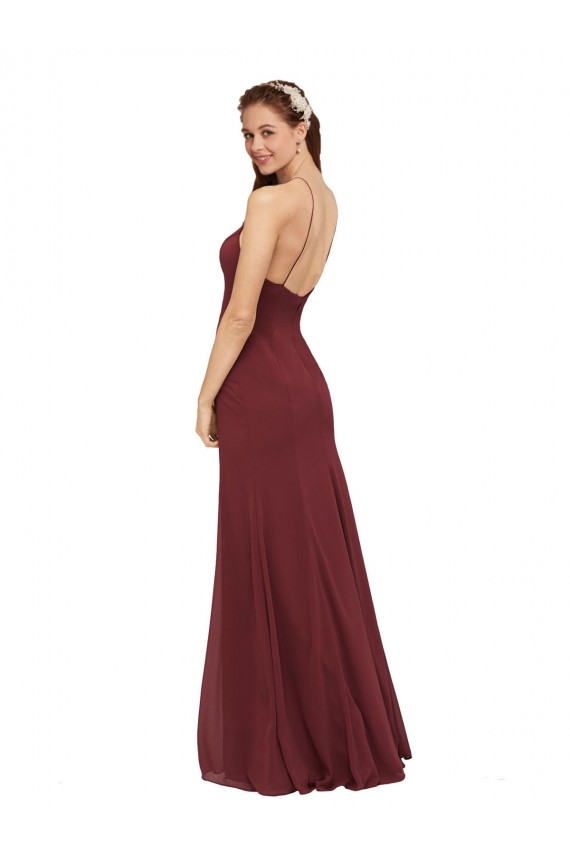 Online Borgoña Cubierta Halter Gasa Largo Vestidos de dama de honor