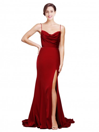 Online Borgoña Cubierta Tirantes espagueti Barrer tren Satén elástico Largo Formales Vestidos de dama de honor / Vestidos de fiesta